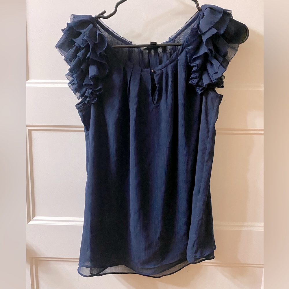 XS, Navy blue, Banana Republic blouse, short ruffle sleeves.